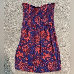 Charlotte Russe Dress - Strapless, Medium, Reddish Orange and Blue Floral Print